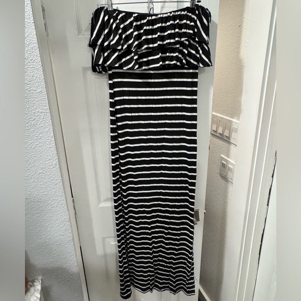 Urban Outfitters Ella Blue Black and White Striped Strapless Maxi Dress